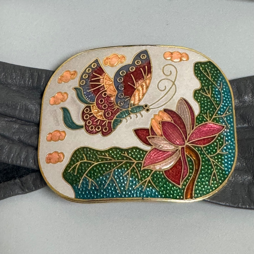 Vintage Pizazz Black Leather Belt Cloisonne Enamel Butterfly Lotus Buckle‎ 32"
